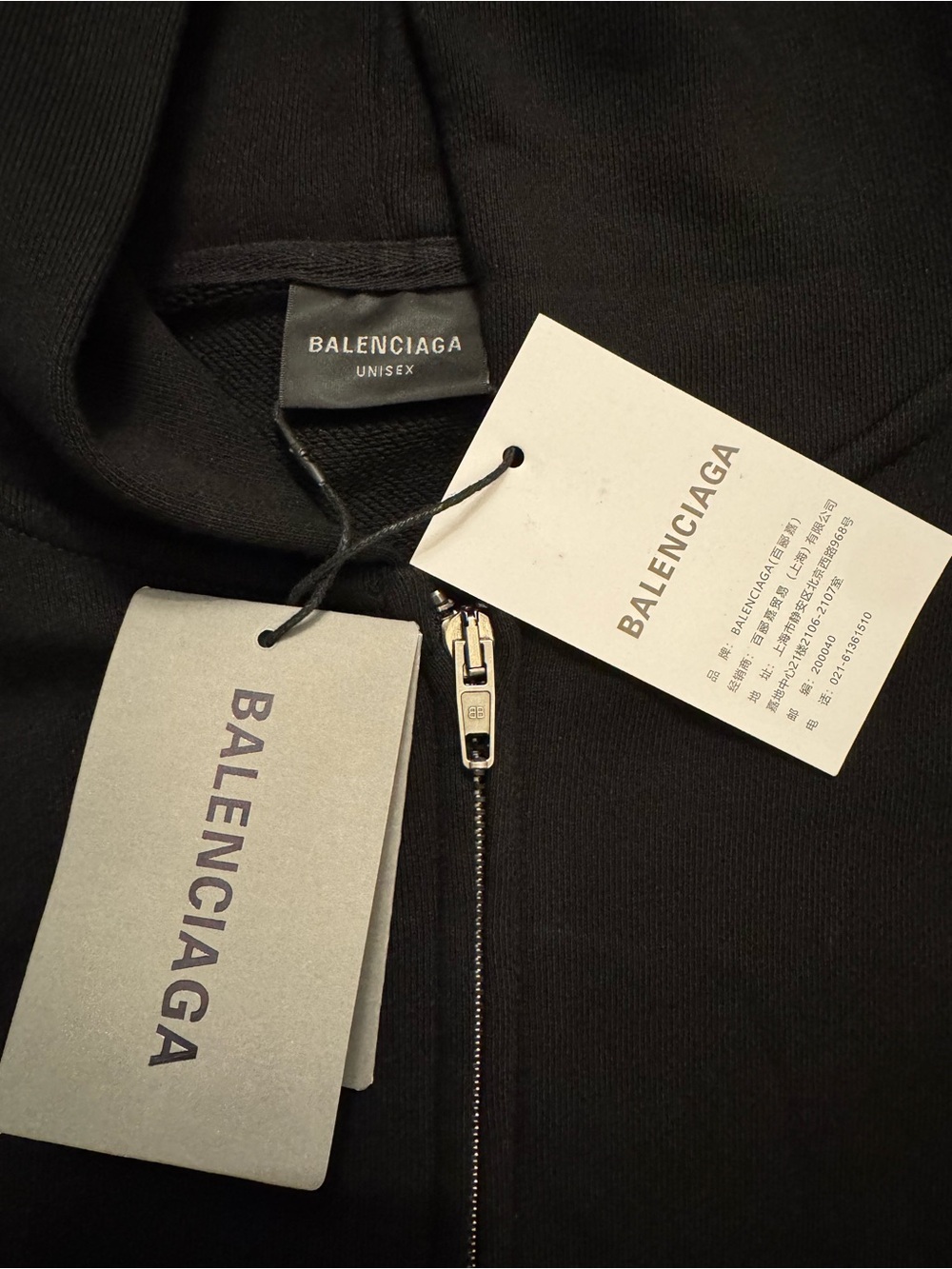 Balenciaga Black Full-Zip Hoodie with White Logo and Red Crest - Picture 5 of 6